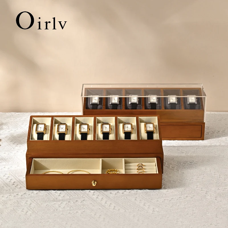 Oirlv 6 Grilds Wooden Watch Box Double-layer Jewelry Organizer Wrist Watch Display Box Dust-proof Transparent Cover Jewelry Box