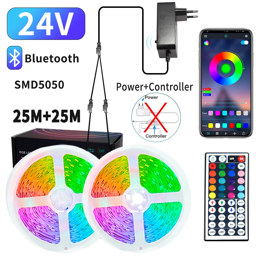 

10 м-50 м Светодиодные ленты Bluetooth RGB Лента Диод 24 В SMD 5050 Светодиодная лента для украшения комнаты Освещение ТВ Подсветка Управление приложением