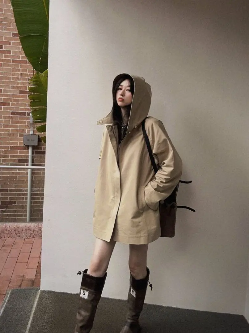 Hooded Trench Coat Spring Coat Medium and Long Coat Outer Jacket High Sense Loose Casual Women