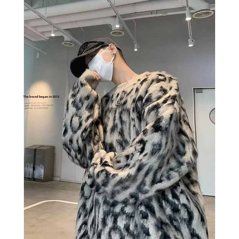 秋冬大きいサイズ250ポンドクリーンフィットレイジースタイルカラーブロックヒョウ柄ラウンドネックメンズニットウェア暖かさ快適なセーター