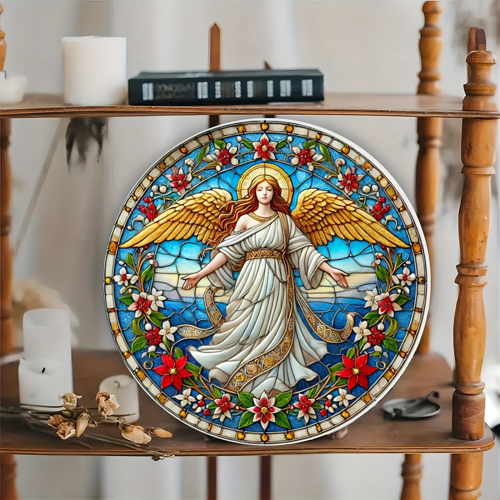 Stunning Stained Glass Angel Wall Art - 20cm/7.87inch Diameter, High Color Accuracy, Durable Aluminum Material, Perfect For Home