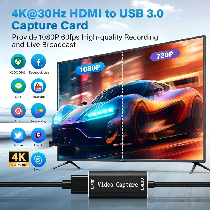 USB Video Capture Card 4K HDTV to USB/Type-C Game Grabber Record Video Audio Recording for Switch Xbox PS4/5 Live Broadcast