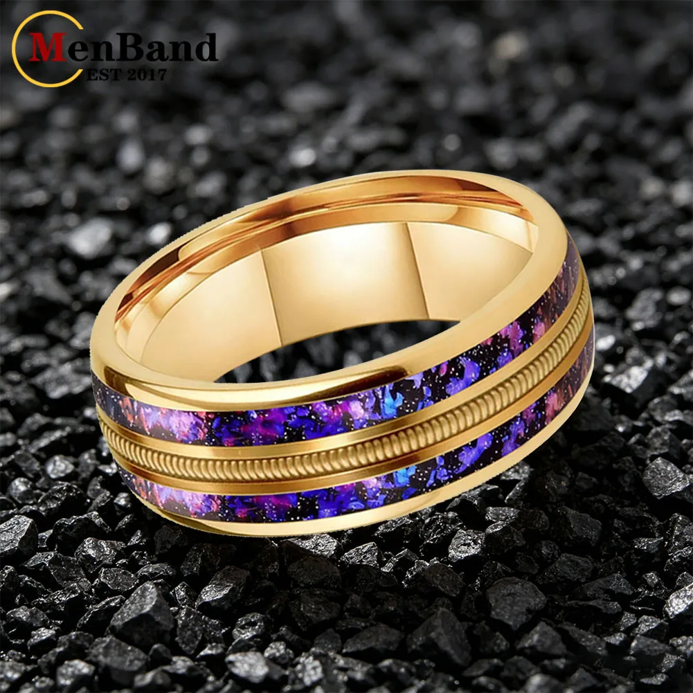 Fashion 8mm Men Women New Wedding Band Tungsten Carbide Ring with Orion Nebula and Rose Gold Guitar String Inlay Comfort Fit view 6
