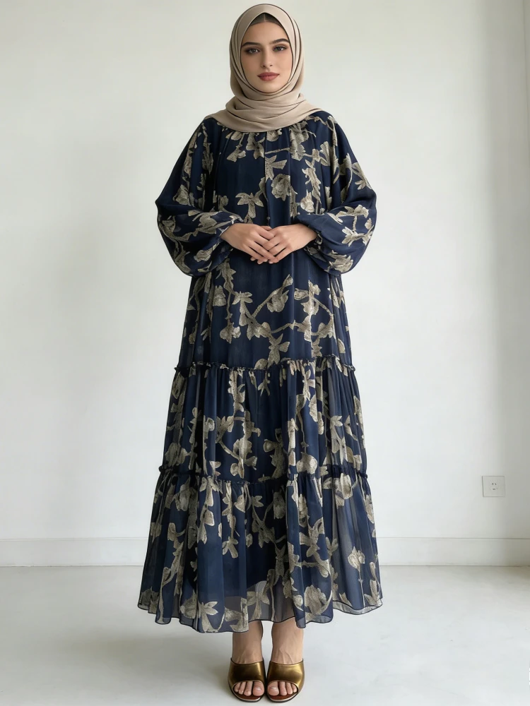 Eid Stampa floreale Abito a trapezio Chiffon Donna Abaya Abiti Largo Dubai Caftano Arabo Abito lungo Ramadan Marocco Abiti Jalabiya