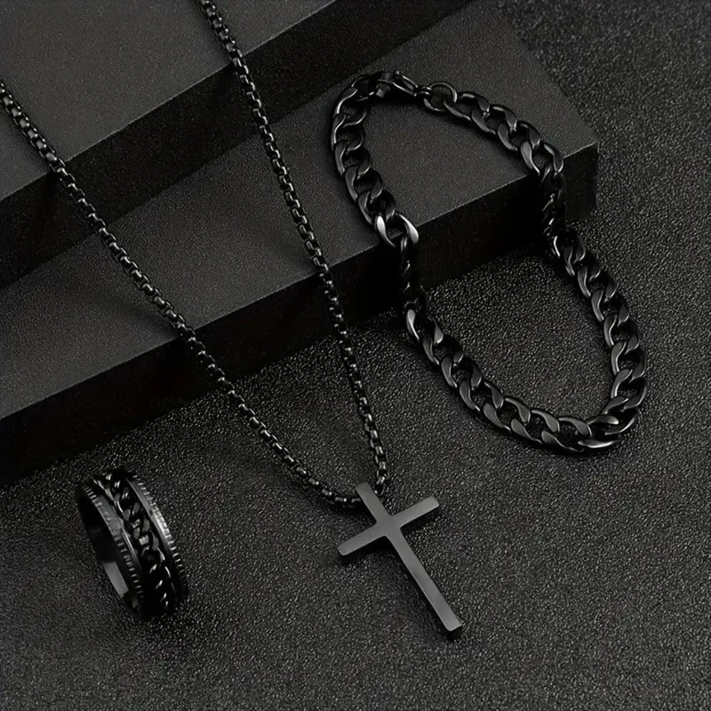 Hip Hop Fashion Cross Pendant Necklace Bracelet Chain Ring Men\'s Set Simple Personality Party Three Piece Jewelry Accessories