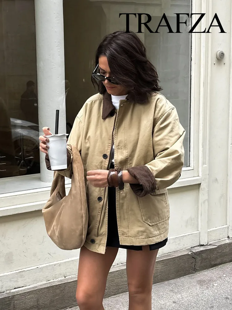 TRAFZA Female Street Single Breasted Canvas Loose Coat Autumn Woman Fashion Vintage Turndown Collar Long Sleeve Pocket Jacket