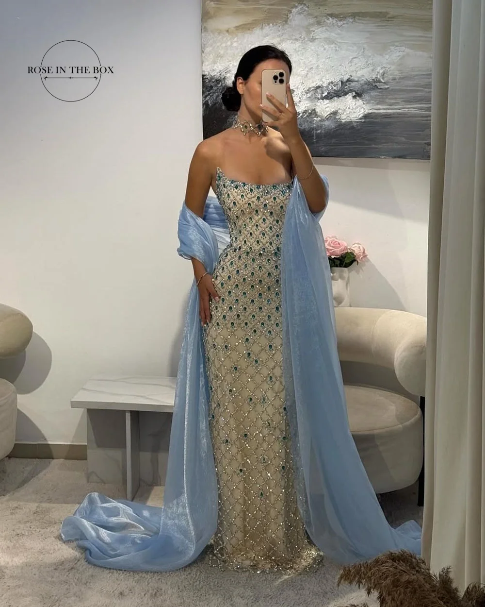 

ROSEINTHEBOX Customized Exquisite Crystals Beaded Mermaid Evening Dresses with Light Blue Chiffon Shawl for Special Occasions