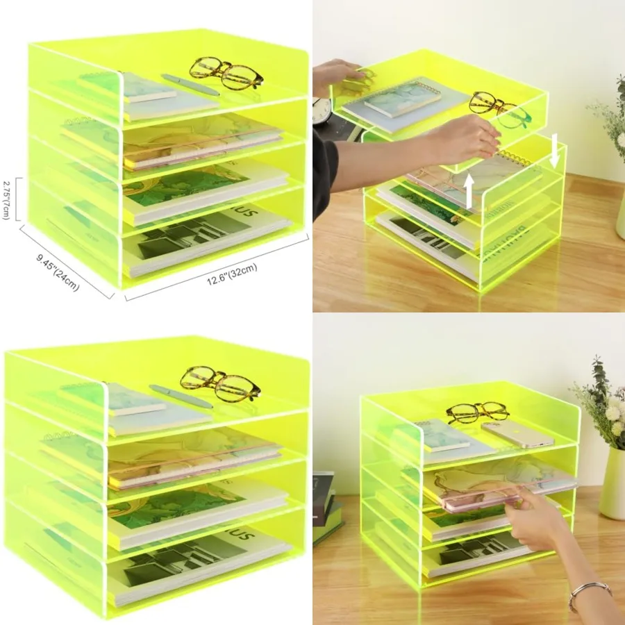

Acrylic File Organizer for Desk 4 Tiered Stackable Letter Tray Office Paper Storage Desktop Document Sorter