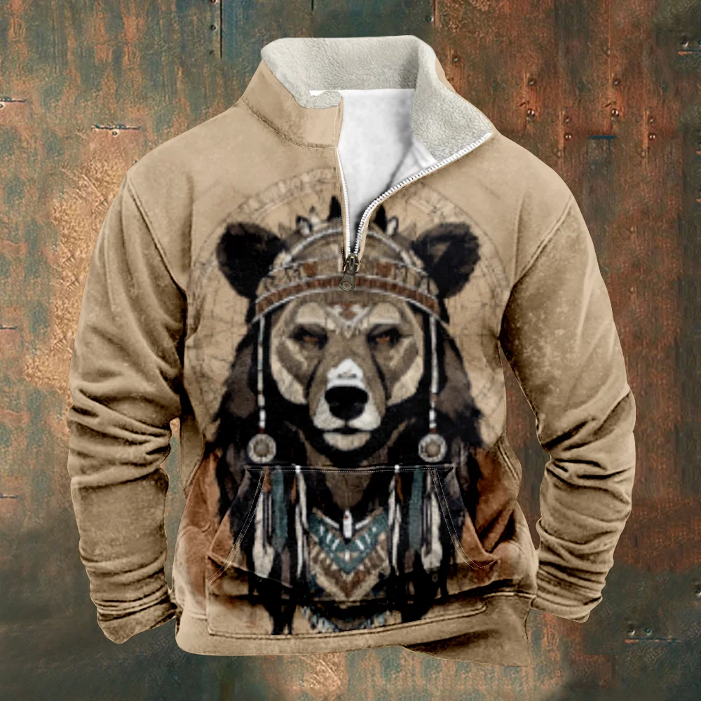 Patchwork Men\'s Hoodie Vintage Graphic Wolf Sweatshirts Long Sleeve Stand Collar Zipper Casual Pullovers For Men Sweatshirt