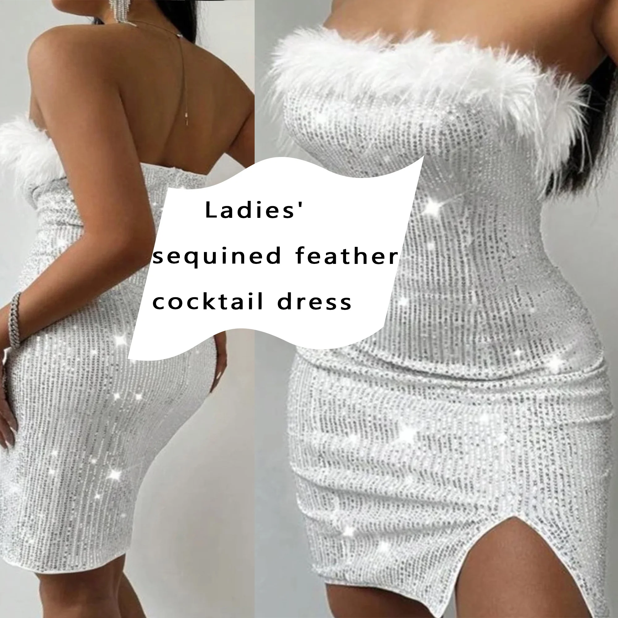 

Large size women's summer fashion feather detail cocktail dress sequins sexy strapless sleeveless backless tight mini party dres