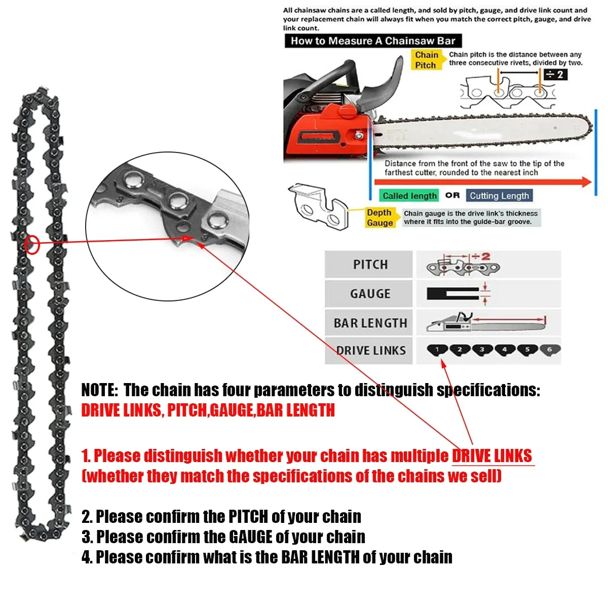 Corrente de motosserra de 4 pacotes 16/18/20/22 polegadas 3/8 "LP / 0,325" Passo.043"/.050"/.063" Calibre 55/56/62/72/81/86 Links de transmissão