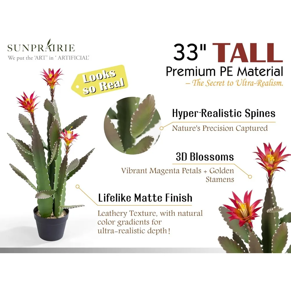 صبار صناعي كبير مقاس 33 بوصة مع زهور أرجوانية في وعاء مع حصى طبيعي. أوراق نهائية من الساتان ذات مظهر حقيقي وملمس.