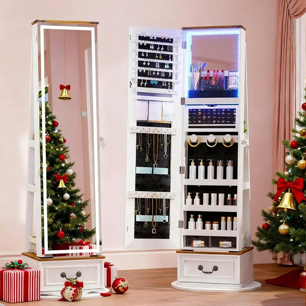 LED Mirror Jewelry Cabinet Standing, 360°Swivel Jewelry Armoire with Full Length Mirror, Mirror with Jewelry Storage