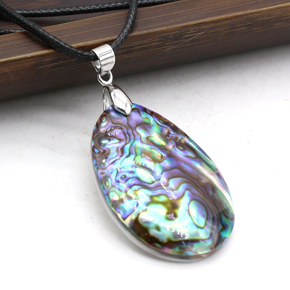 One-sided Natural Abalone Shell Drop Shape 28x40mm Pendant 50cm Men Leather String Shell Necklace for Women Charm Chakra Jewelry