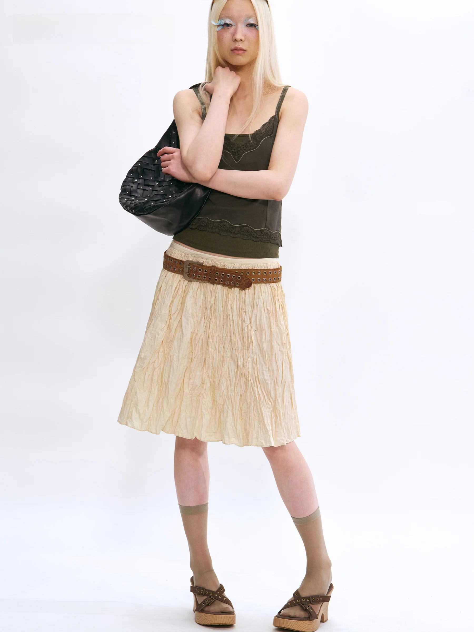 VERMO Low Waist Free Shape Umbrella Half Skirt Pickled Cabbage Texture Cotton A-Line Skirt Women's Summer Fashion