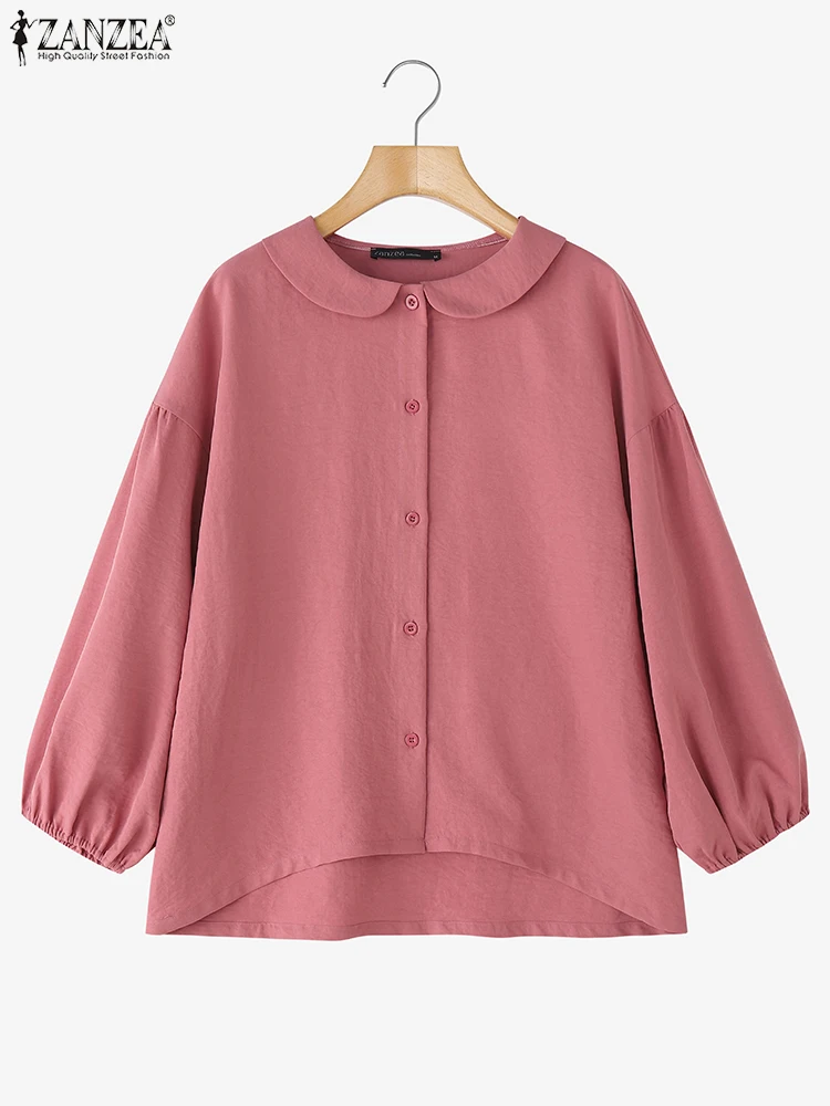 

ZANZEA Summer Peter Pan Collar Fashion Shirts 2025 Women Tunic Casual 3/4 Lantern Sleeve Solid Color Blouse Loose Elegant OL Top