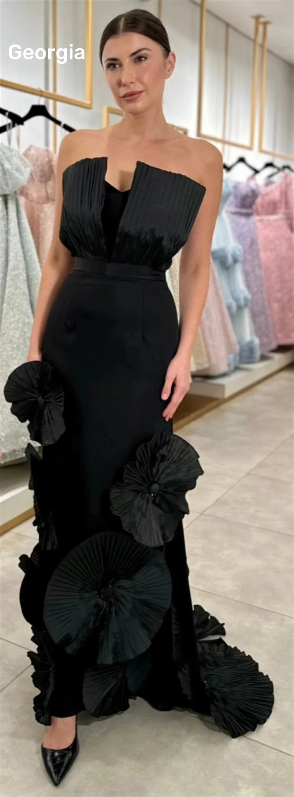 Customize Prom Gown 3d Flowers Strapless Column Floor Length Black A-Line Zipper Up Evening Gown Dresses For Special Events