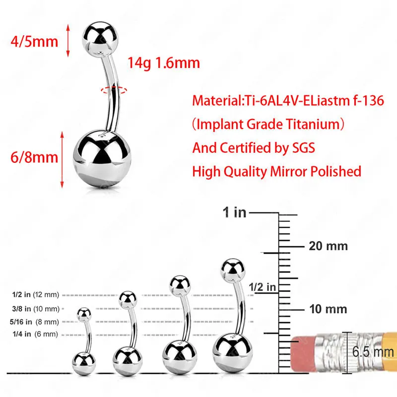 F136 Titan durchbohrter Nabelring, klassische Gothic-Taillenperle, 14 g, 14 mm Innengewinde, Bauchnabelpiercing, eloxierter Piercing-Schmuck – Detail 2