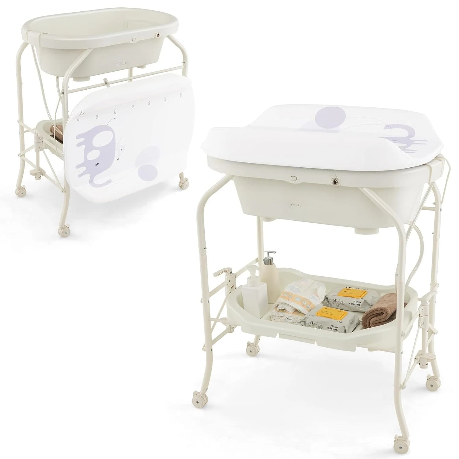 

2 in 1 Baby Changing Table with Wheels Waterproof Pad Storage Rack, Portable Nursery Organizer Stand for Newborn Infant