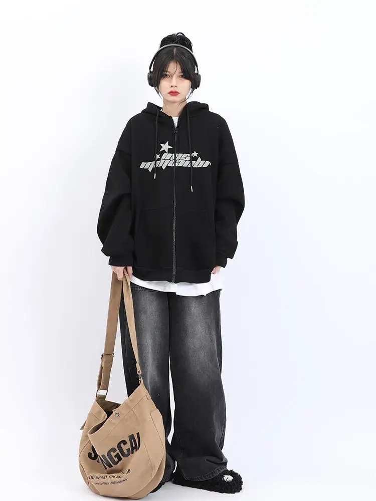 Women's Sweatshirt Letter Printing Top Text Woman Clothing with Zipper Loose Full Zip Up Hooded Baggy Hoodies Kpop M Xxl Thick E