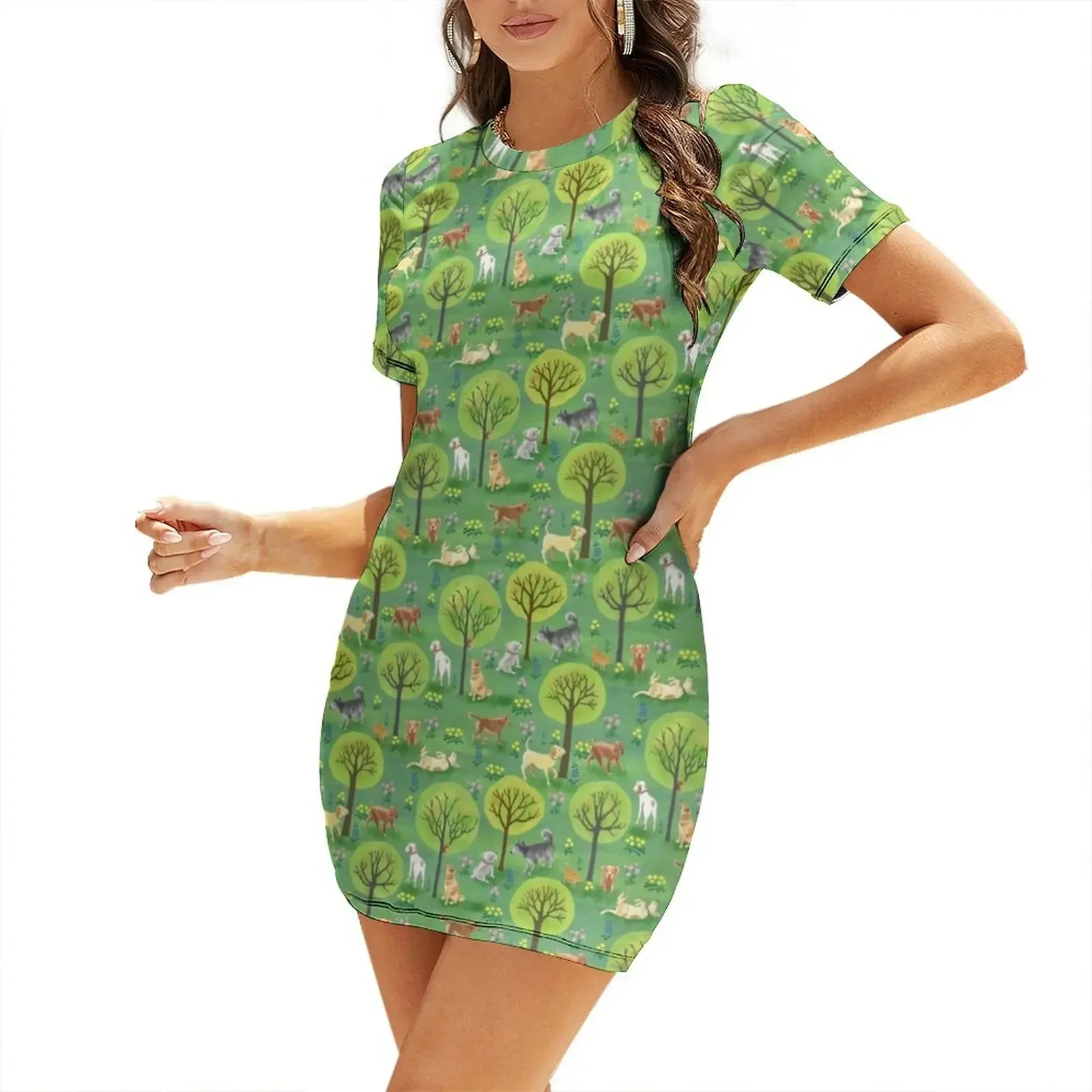 

Dog Park Days with Dogs, Cats, Squirrels, Trees and Flowers Short-Sleeved Dress sensual sexy dress for women