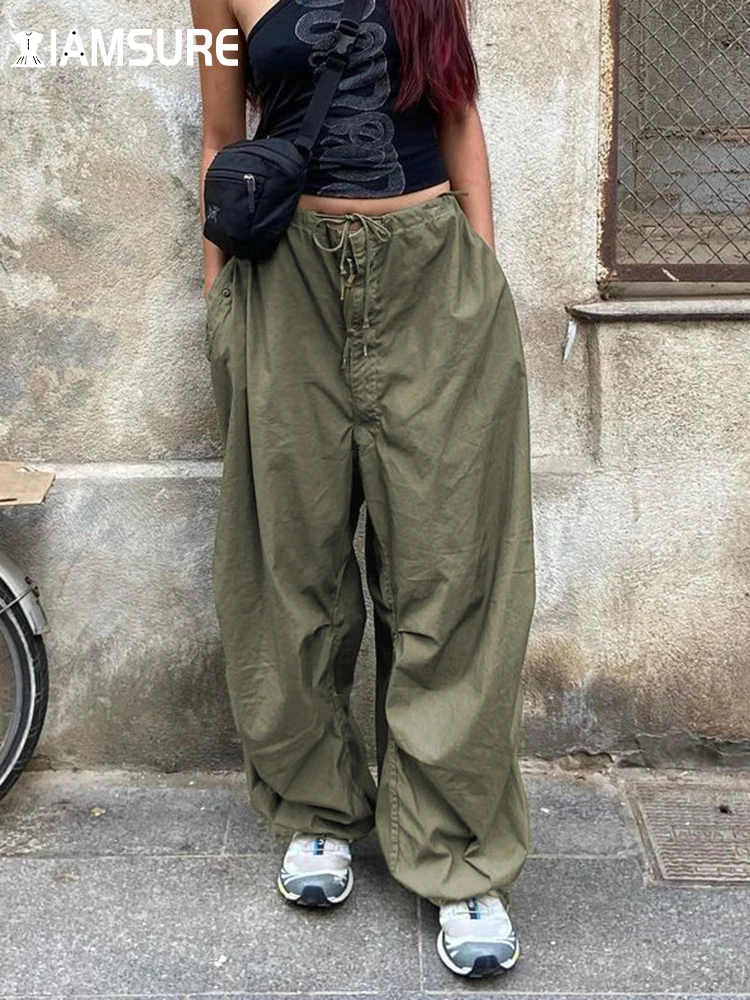 IAMSURE Casual Big Pockets Cargo Pants Solid Drawsreing Low-Waisted Wide Leg Pants Women 2022 Summer Fashion Streetwear Ladies