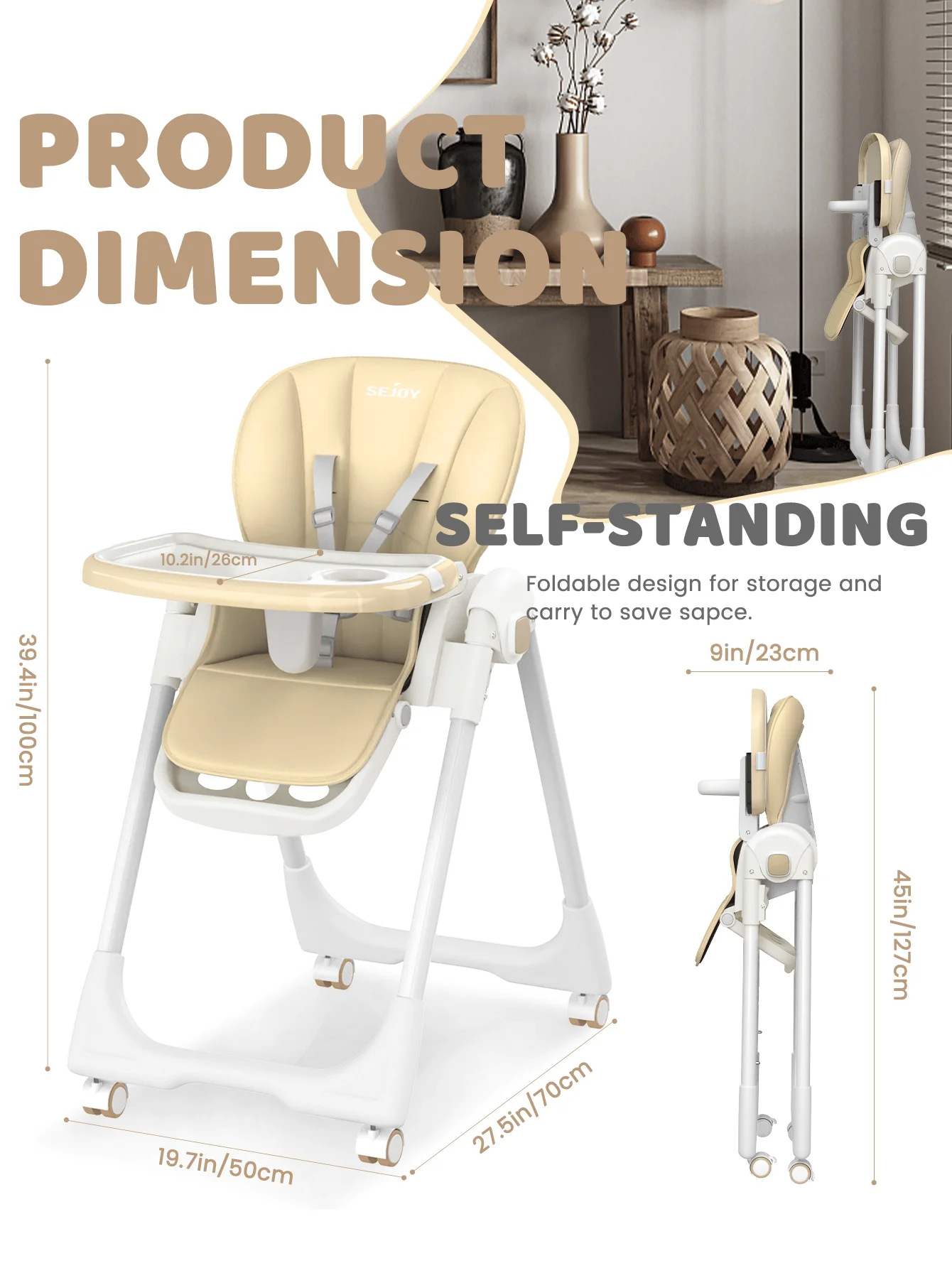 SEJOY Baby High Chair Ajustable Backrest And Pedals Design, Sturdy Metal Material, Foldable Multifunctional Baby Dining Chair