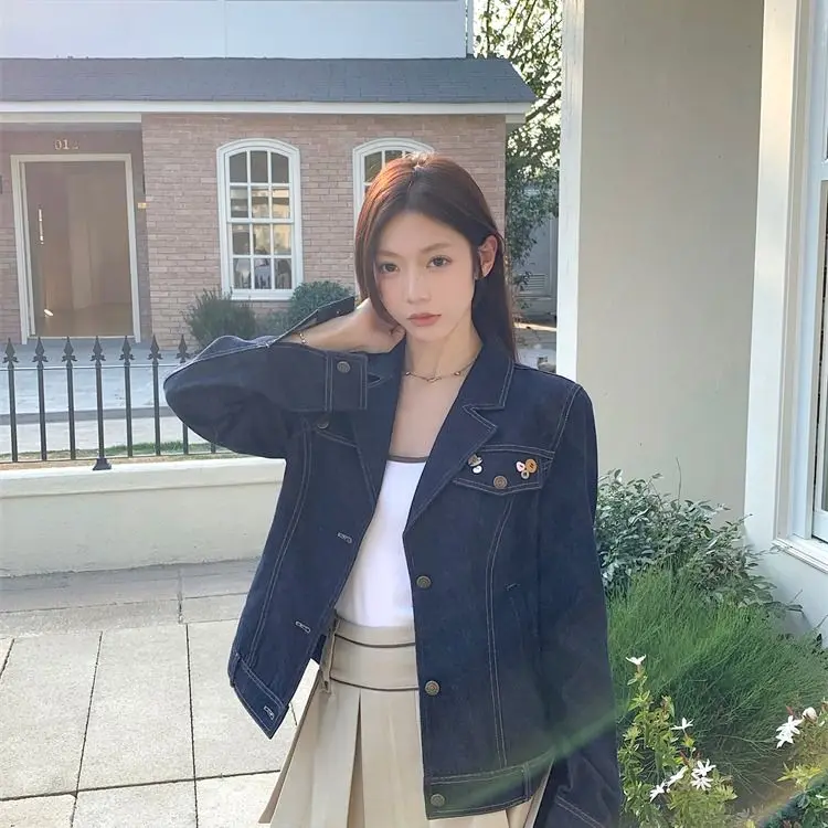 Korean Style Spring Autumn Dark Blue Retro College Denim Jacket Women Petite Girls Loose Casual Button Design Short Coat