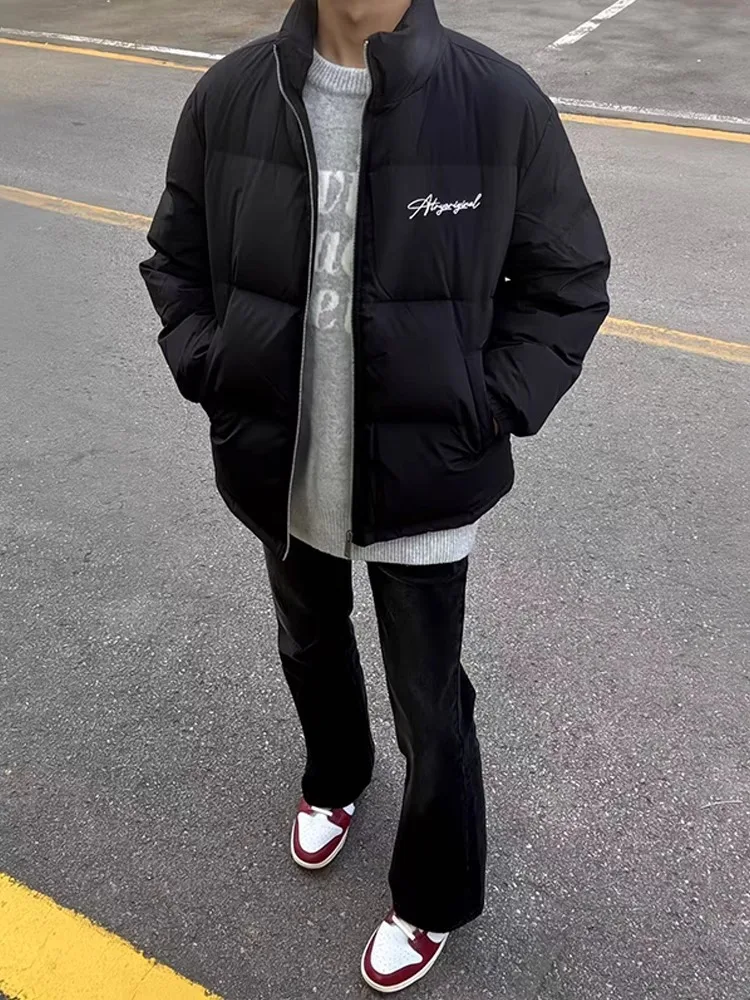American Style Hooded Thickened down Cotton Jacket Men's Winter Loose Bread Style High Street Cool Black Cotton Coat