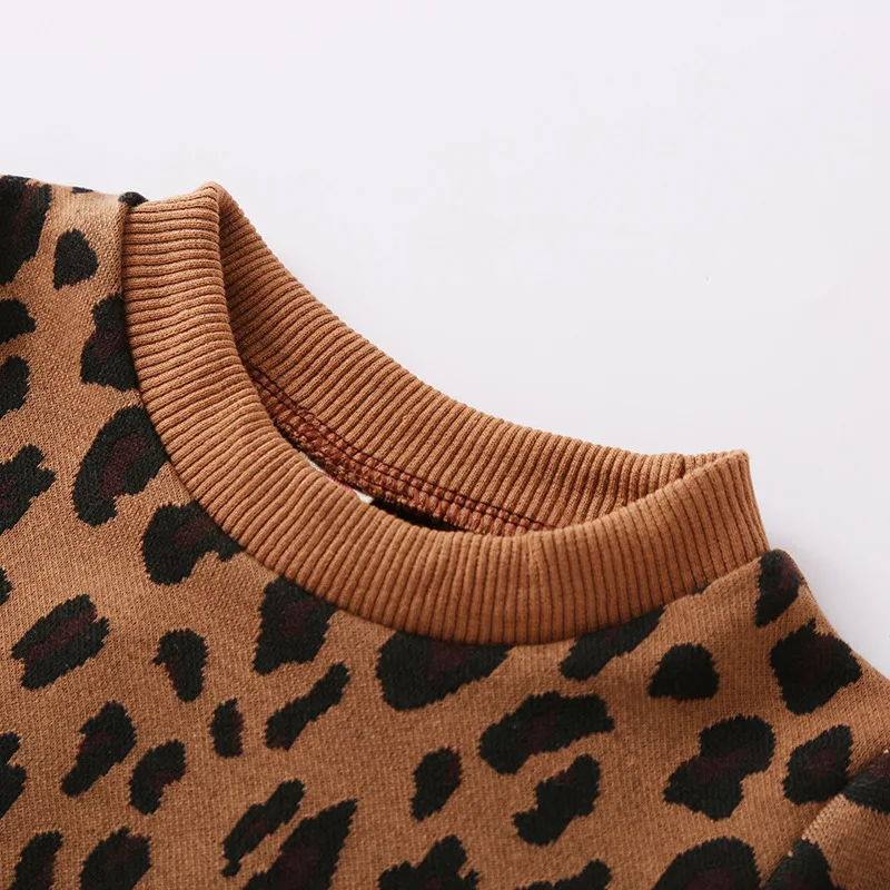 Children Sets Spring and Autumn New Brown Leopard Print Long Sleeve Pullover Top Leather Zipper Skirt Two-piece Set