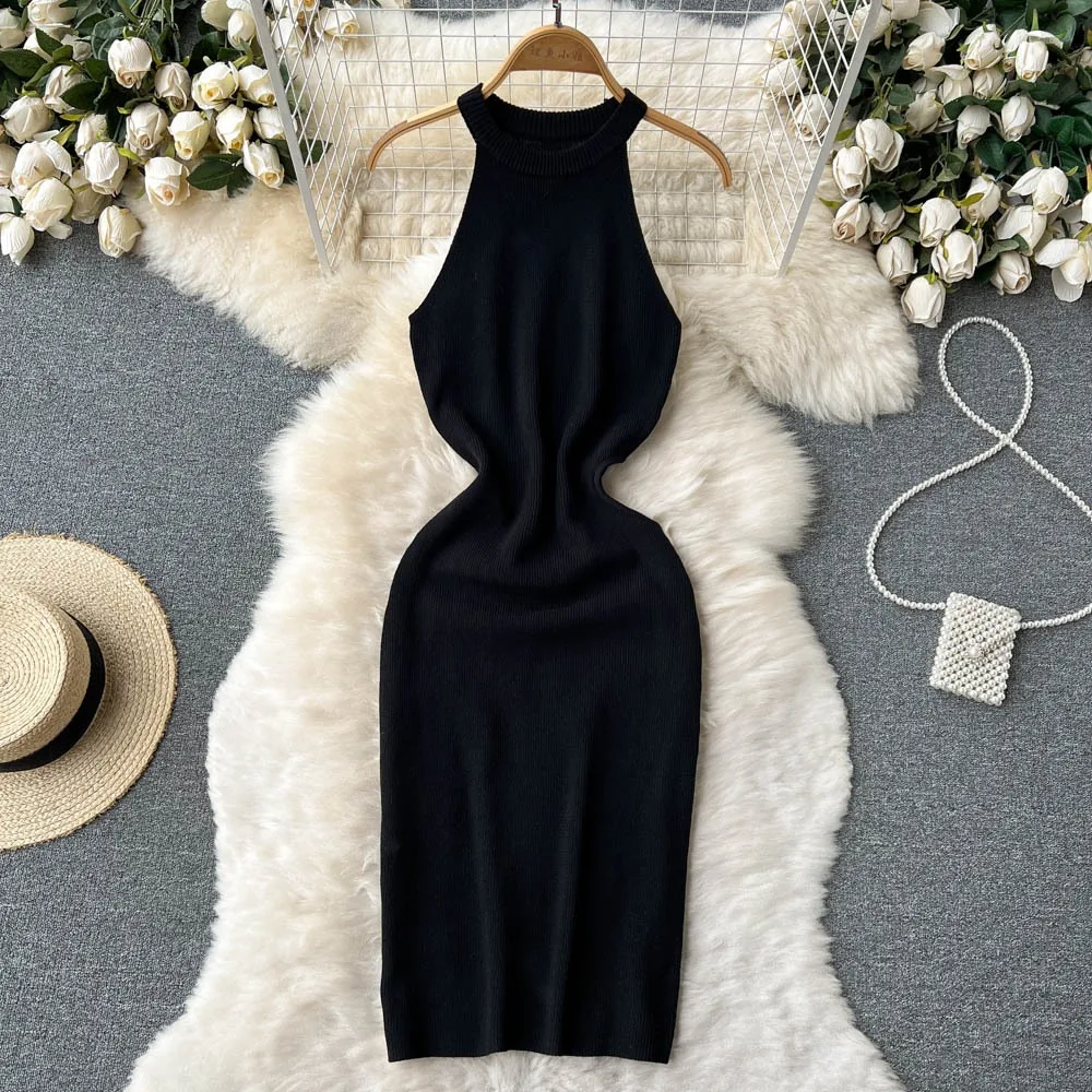 YuooMuoo Women Dress Sexy Hollow Out Waist Wrap Hips Knitted Mini Dress Women Sleeveless Slim Elastic Bodycon Summer Dress