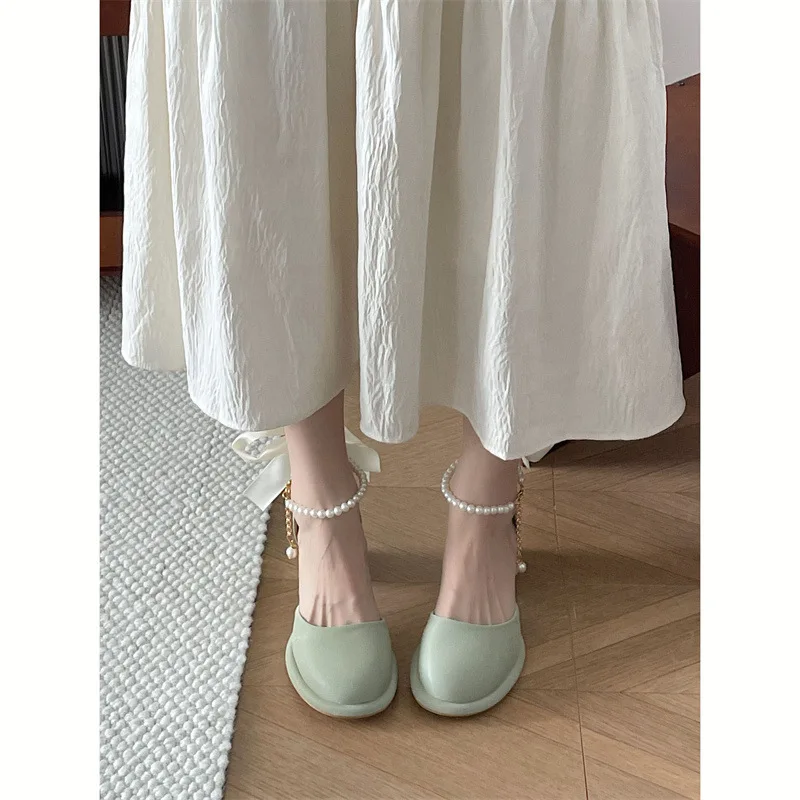 Pearl Sandals Female Shoe Mary Jane 2024 Summer Med High Heels Girls Comfort New Medium Beige Fashion Retro Bow High-heeled