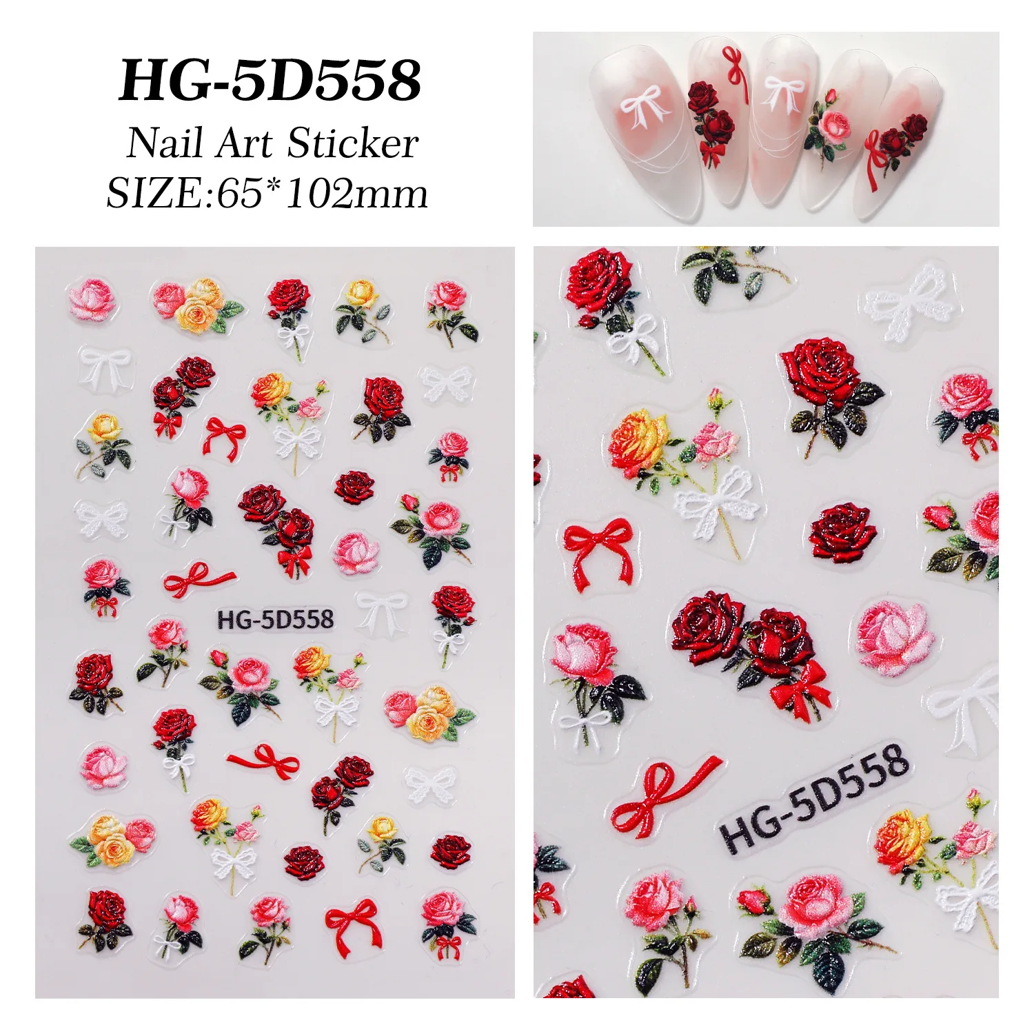 2pcs 5D Embossed Nail Art Decals Valentine Day Blooming Red Pink Yellow Roses Flowers Ribbons Stickers Decorations For Manicure