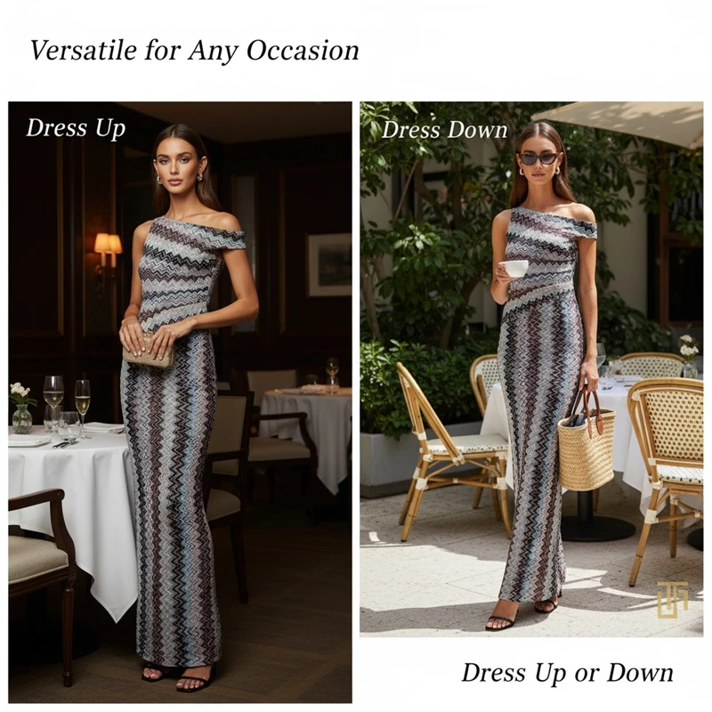 One Shoulder Maxi Dress for Women Striped Sleeveless Long Slim Fit Flowing Beach Dress – Sunset Seaside Vacation Look