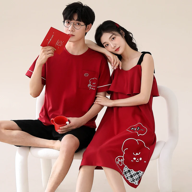 High Quality Couple Pajama Set Summer Cute Cartoon Pyjamas Men Sleeveless Pijamas 100% Cotton Women Sling Nightgown