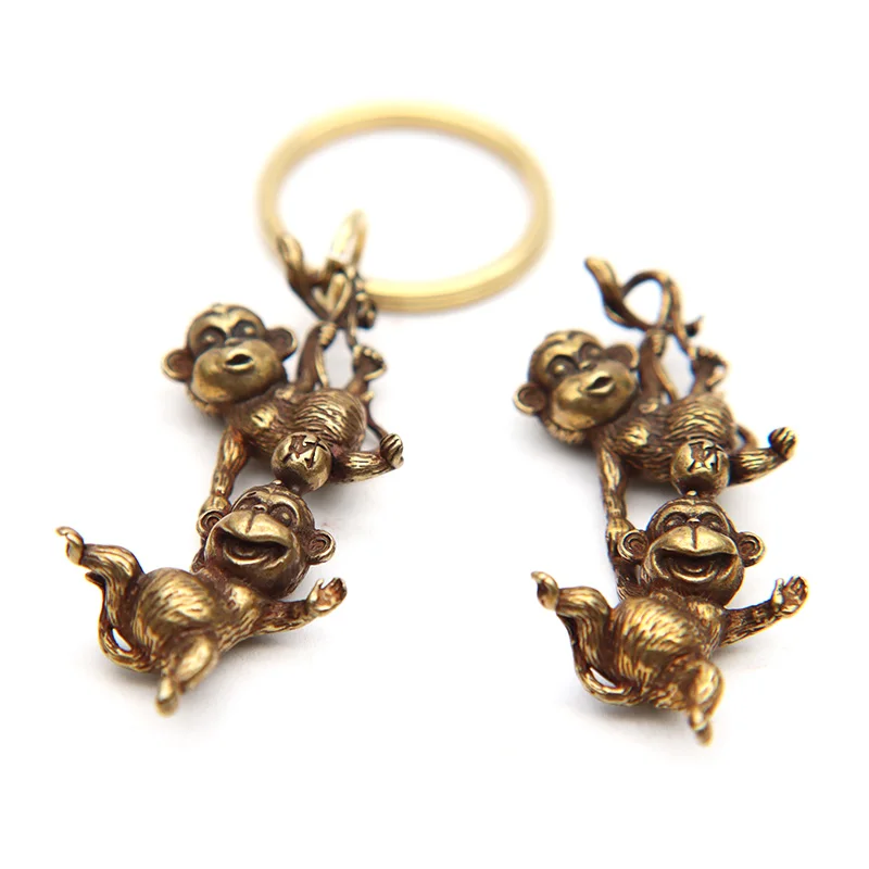 Antique Copper Monkey Figurines Keychain Pendant Lucky Cat Key Ring Hangings Jewelry Vintage Brass Cute Animal Funny Child Gifts
