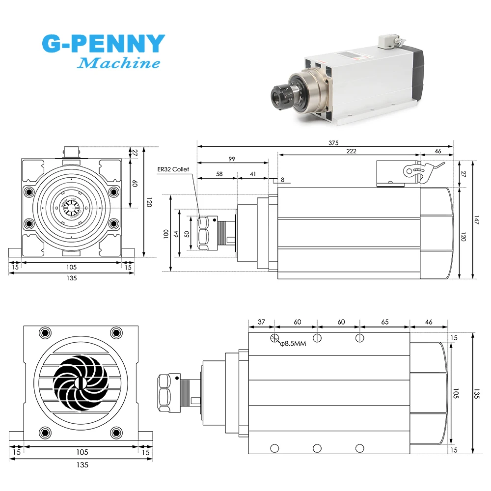 G-Penny 6kw Air Cooled Spindle Motor 4pcs Ceramic Ball Bearings ER32 300Hz 220v / 380v With Mounting Flange 0.01mm Accuracy