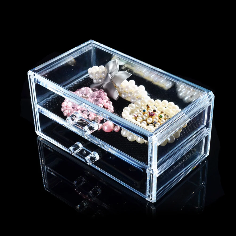 Organizador de joias e cosméticos transparente, 2 camadas, caixa de armazenamento, suporte de maquiagem, gavetas removíveis, acolchoamento de malha, cubo de exibição para decoração