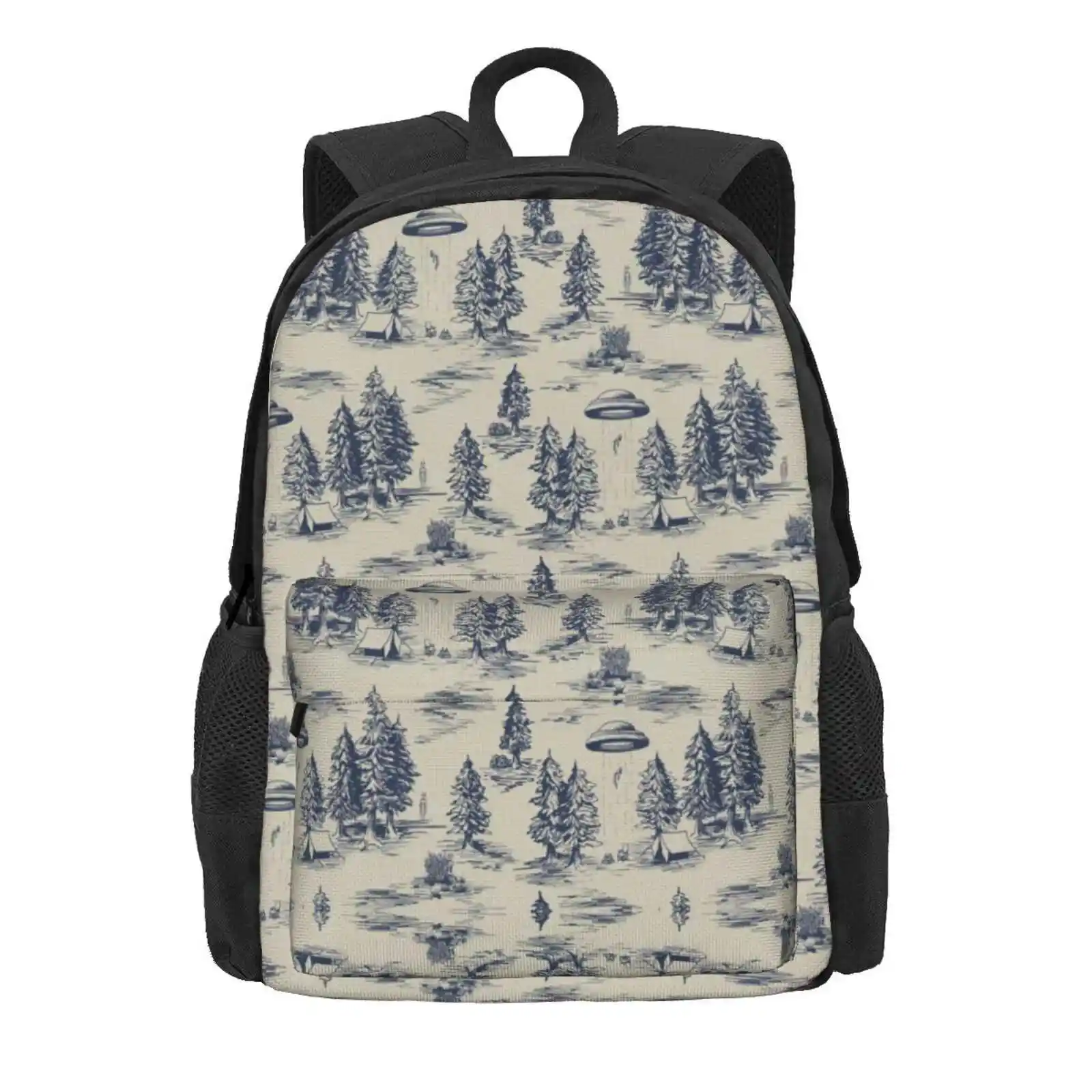 Alien Abduction Toile De Jouy Pattern In Blue Hot Sale Schoolbag Backpack Fashion Bags Aliens Space Ufos Flying Objects