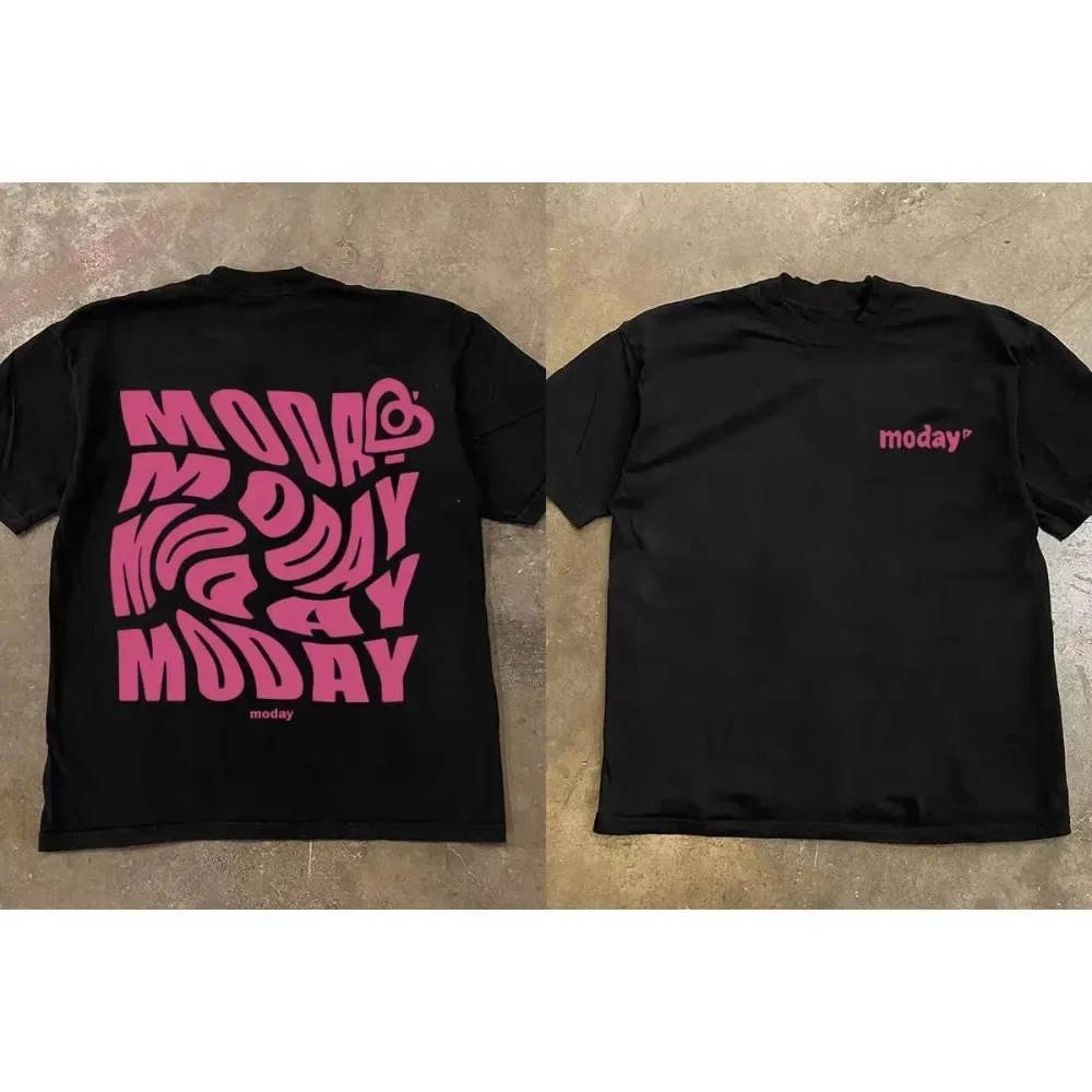 2026 Loose T-shirt with lettering on the front and wave-like stacked text pattern on the back Simple cotton fabric, street style