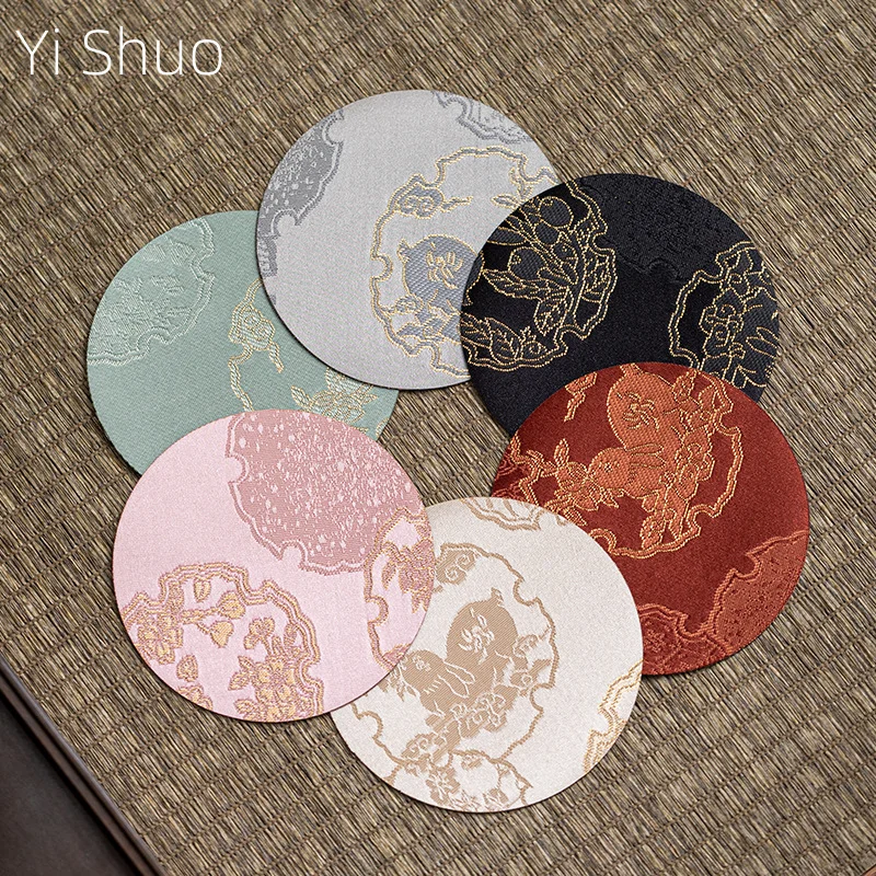 Chinese Tea Set Brocade Coaster Double-Sided Cup Saucer Fabric Round Heat Proof Mat Diameter 8cm Traditional Pattern Coaster Set