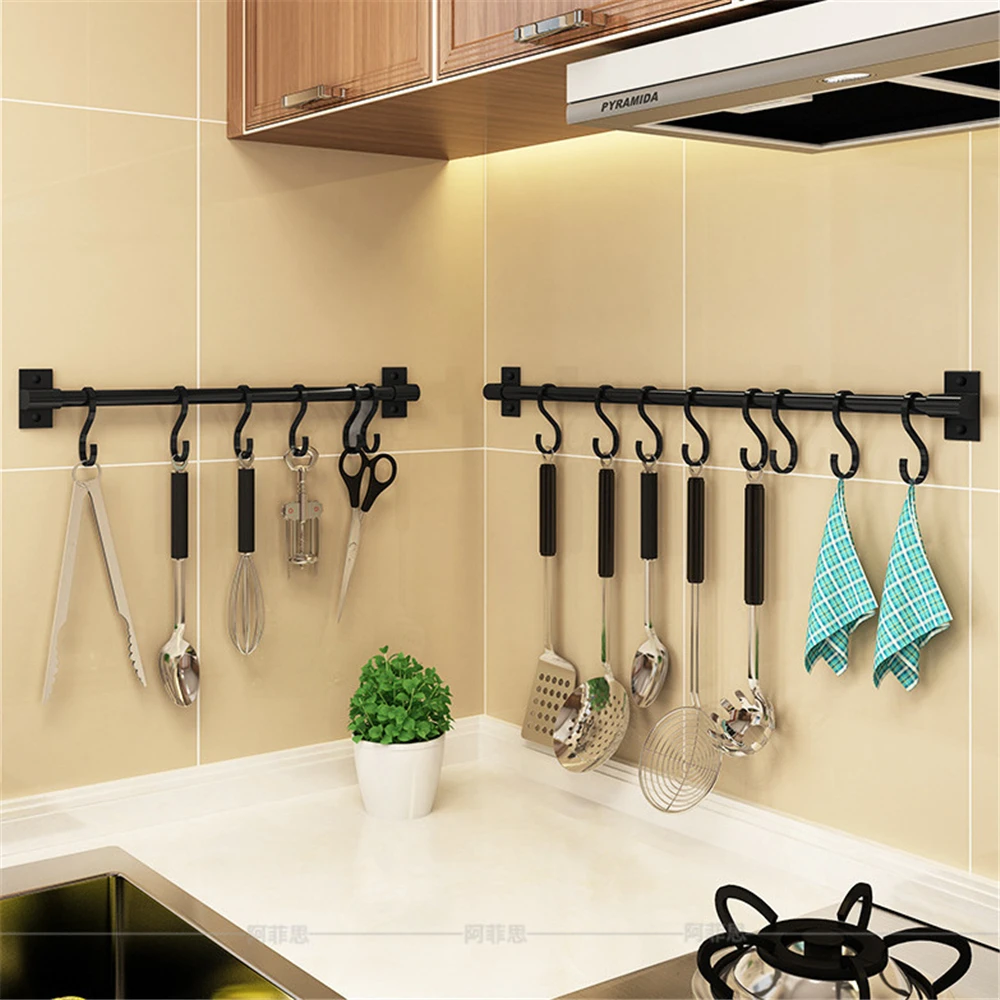 Punch-free Kitchen Hook Wall Hanger for Knife Spoon Pot Lid Holder Cooking Utensil Rack with Sliding Hooks Black Hanging Rod