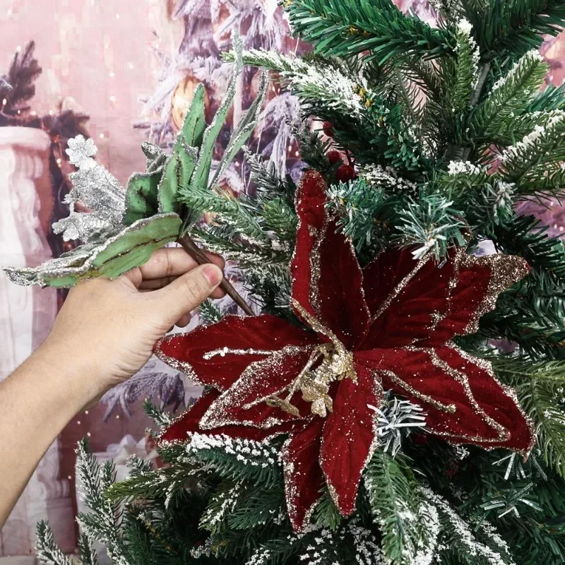 1-6pcs Glitter Artifical Christmas Flowers Red Gold Velvet Simulation Flower Xmas Tree Pendants New Year Party Hanging Ornaments