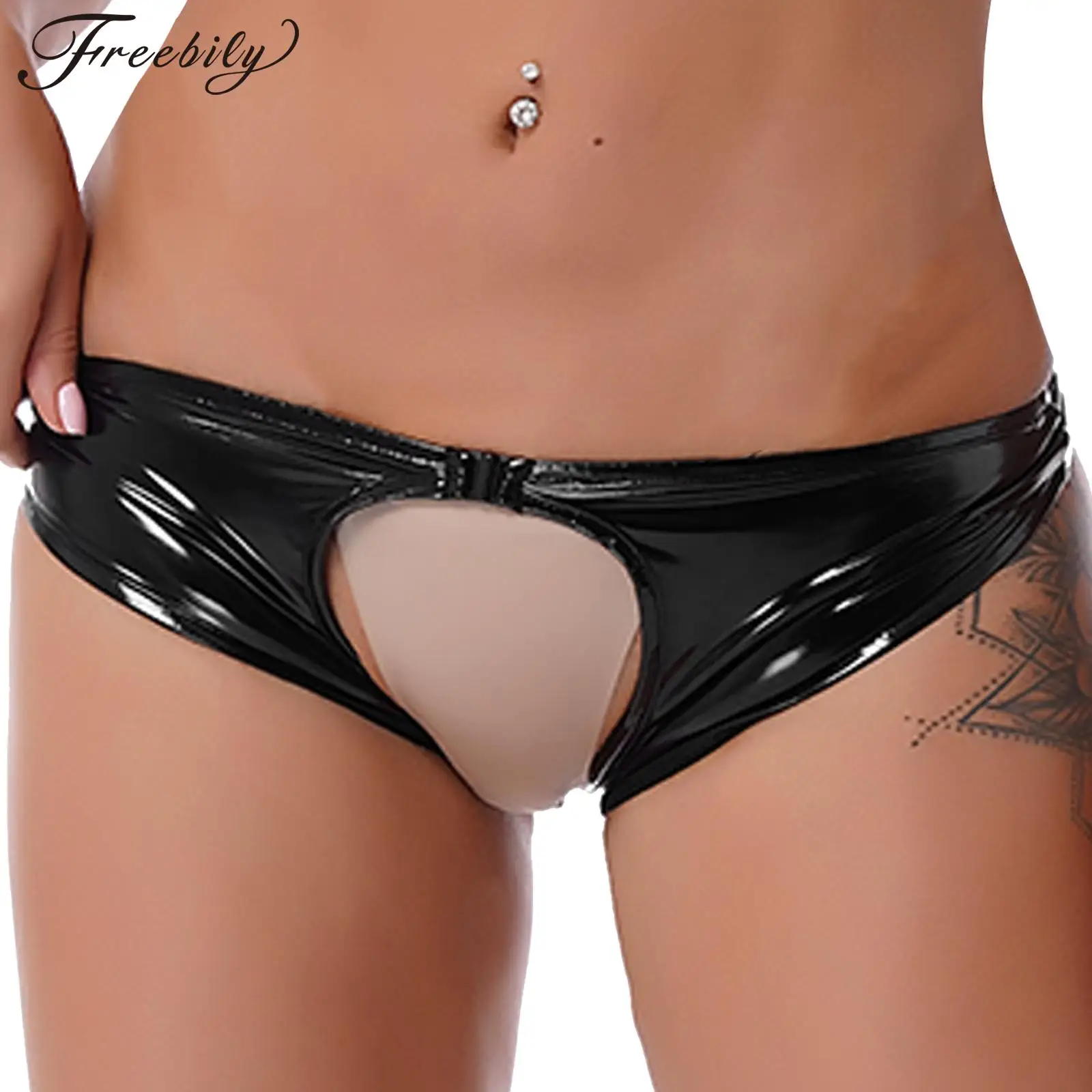 

Womens Wet Look Lingerie Panties Sexy Glossy Patent Leather Latex Crotchless Thongs Low Waist Open Butt Briefs Cutout Underwear