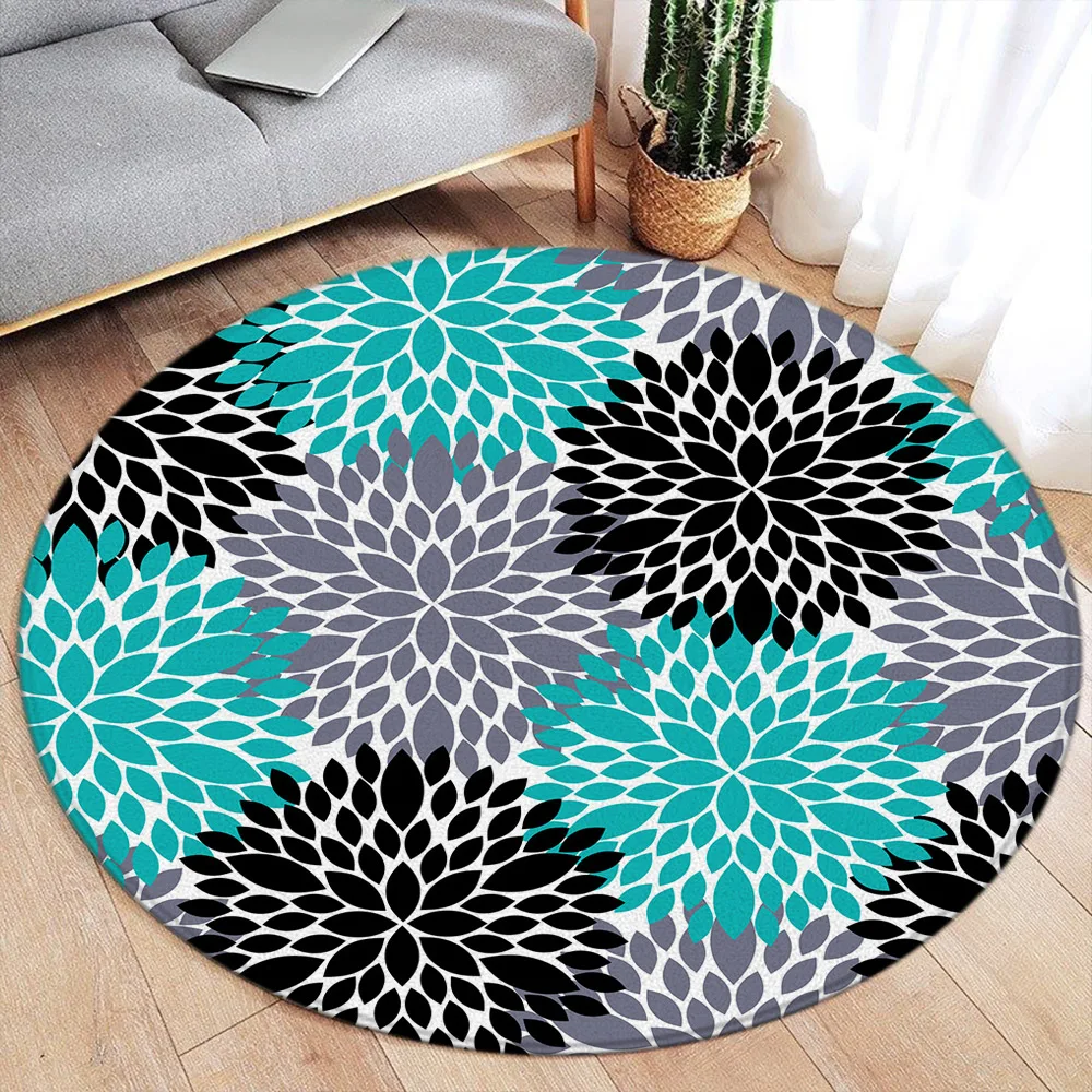 Abstract Dahlia Round Carpet Modern Boho Ethnic Style Blue Floral Art Home Living Room Bedroom Decorative Flannel Mat Floor Rugs