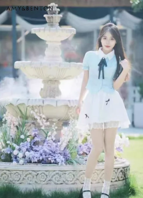 

Новинка лета 2024, синяя рубашка с объемными рукавами и высокой талией, корейская милая юбка-пачка, дизайн, студенческий стиль, униформа Jk, костюм