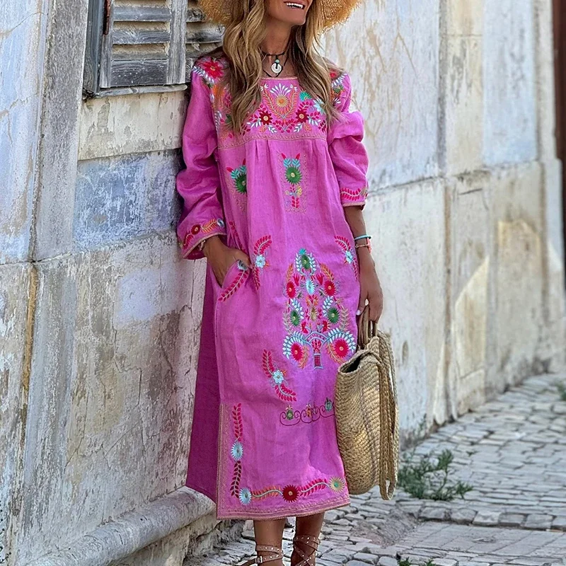 Elegante Vestido largo de manga larga con cuello redondo para mujer, ropa informal de lino y algodón, de cintura alta, holgada, con estampado Floral y bolsillo, para fiesta