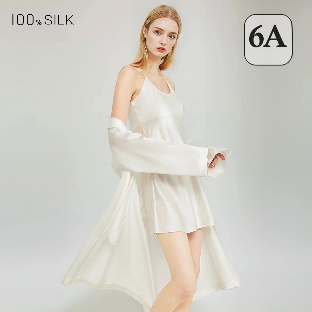 Women Elegant 100% Mulberry Silk Nightdress Robe 2 Piece Set All Season Luxury Gift Loungewear view 5