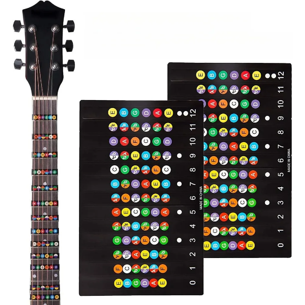 2 Pack Colorful Guitar Fretboard Note Stickers, Full Fret Scale Label Decals for 6 String Acoustic Electric Folk Guitar, Beginner Learning Aid Fret Marker Stickers