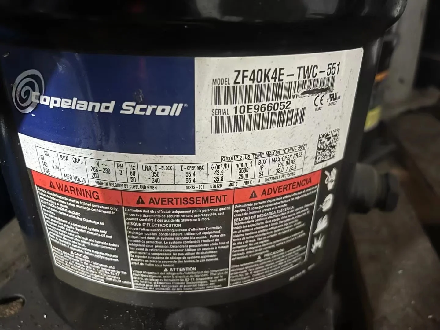 Copelan scroll compressor ZF40K4E-TWD-951 three phase refrigerant unit